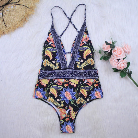 Boho Chic One-Piece Swimsuit | Vibrant Floral Print Swimwear