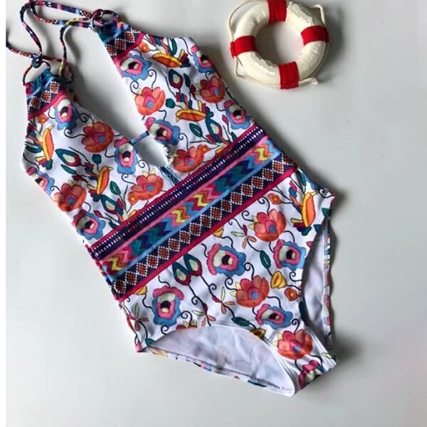 Boho Chic One-Piece Swimsuit | Vibrant Floral Print Swimwear